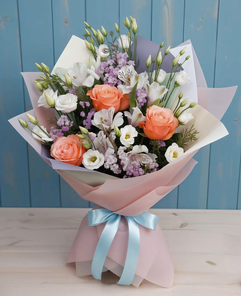 Букет цветов из: Лизиантусы, Розы, Альстромерии и Гипсофила в Орлово